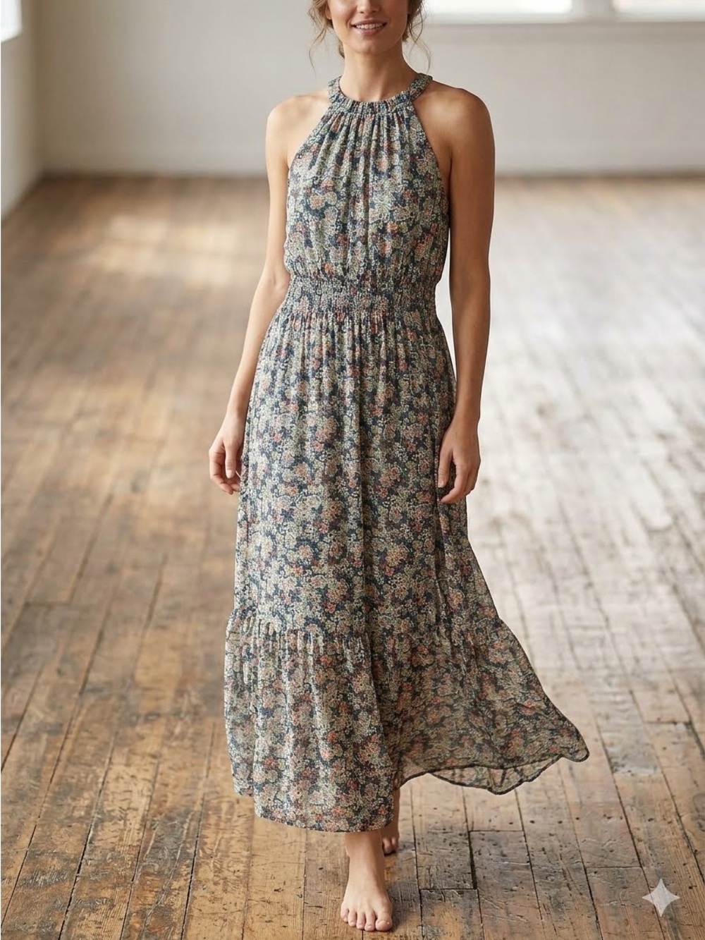 NWOT Collective Concepts Floral Halter Maxi Dress Smocked Tiered Boho Small